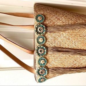 New SKEMO Handcrafted woven straw, beaded, leather handles tote